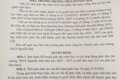 QUYẾT ĐỊNH BAN HÀNH KẾ HOẠCH GIÁO DỤC MÔN HỌC, CÁC HOẠT ĐỘNG GIÁO DỤC CỦA NHÀ TRƯỜNG NĂM HỌC 2024-2025